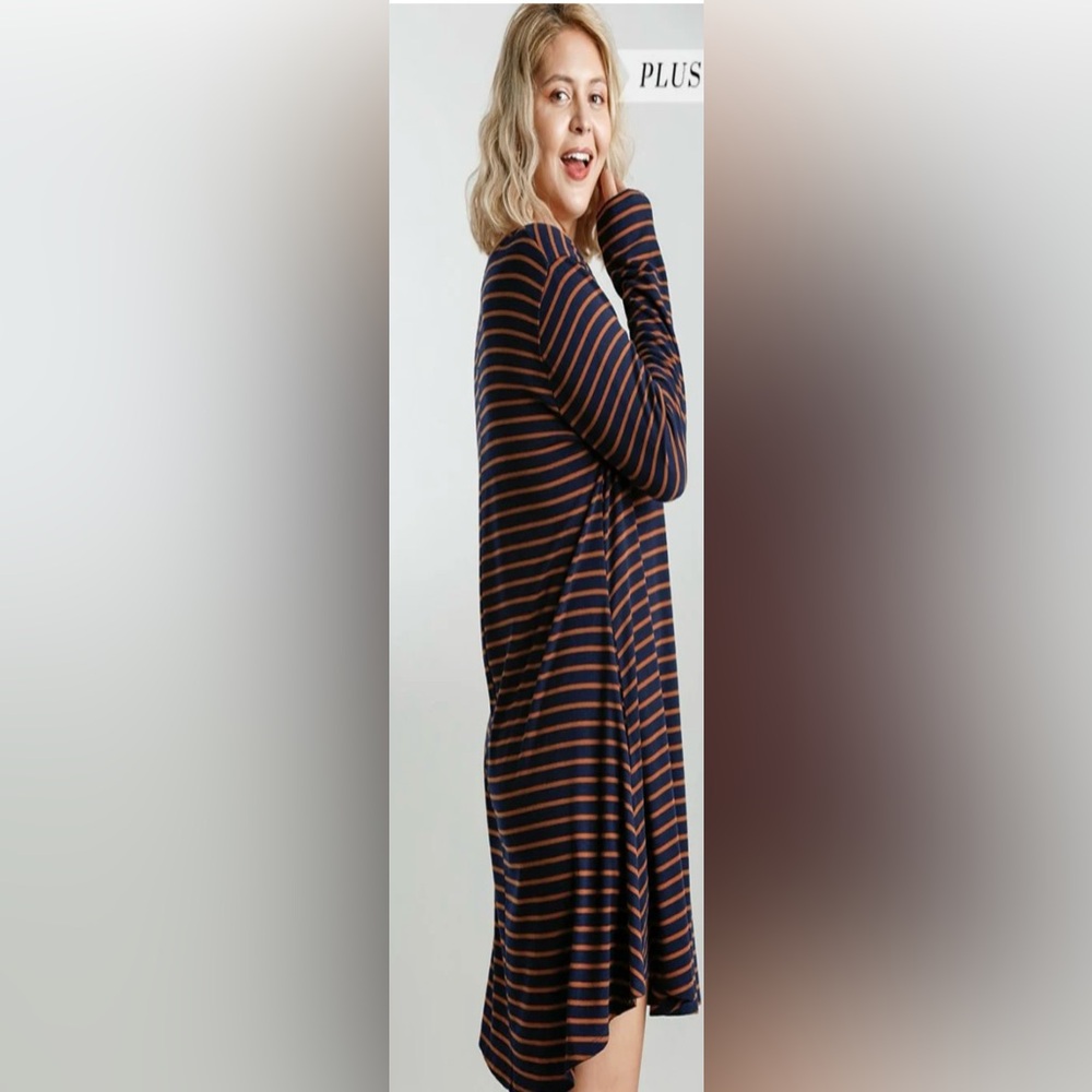 Umgee + Striped Long Sleeve Dress Casual Navy Brown Stretchy Pockets Size 1X